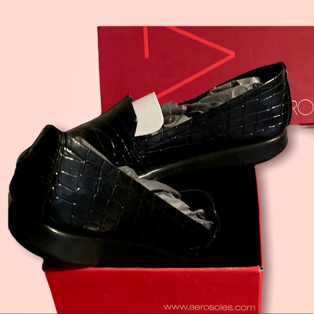 Aerosoles Army Croco Black Flats Loafers Slip On Wedge Women’s Size 7 1/2 - Picture 2 of 11